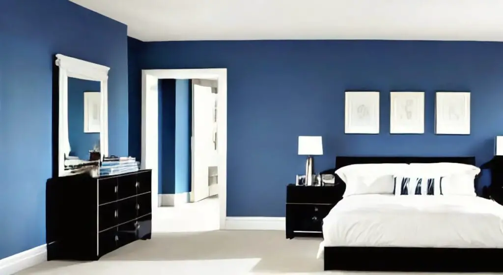 Blue walls with black furniture
