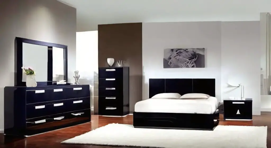 modern bedroom with black furniture