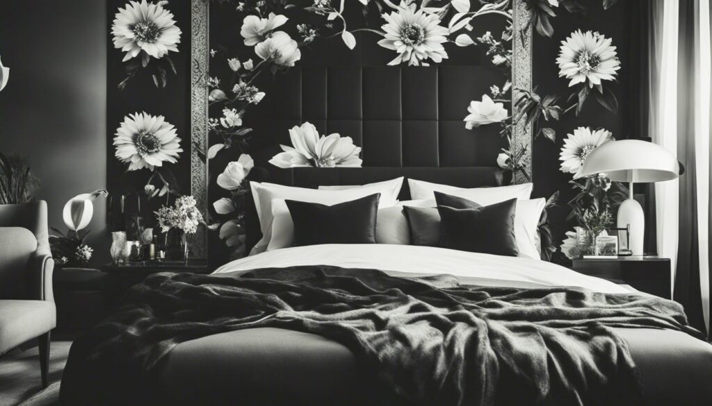 A black bedroom with graphic black and white prints organic florals and global textile designs