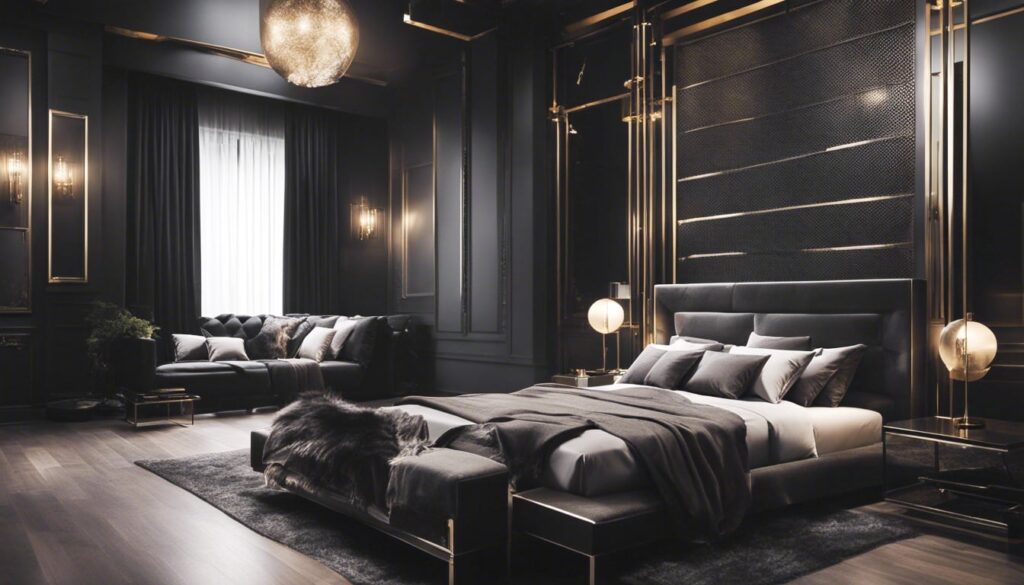 A black bedroom with metallic accents and finishes