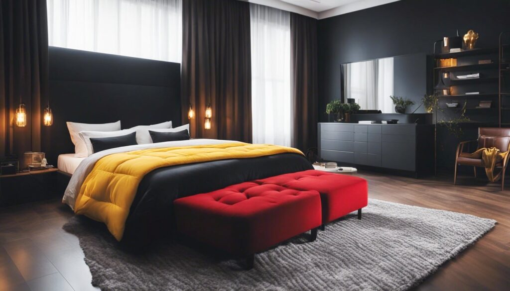 A black bedroom with red throw pillows white curtains and a yellow rug