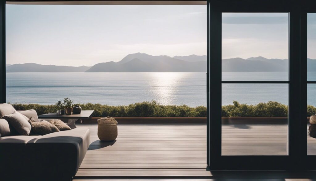 A black vinyl window with a coastal contemporary home in the background