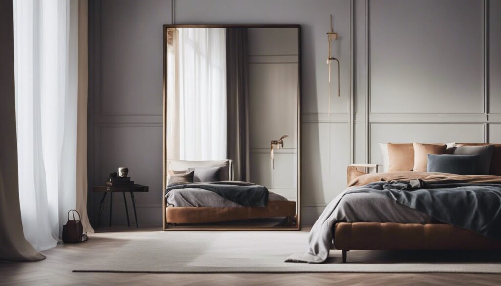 Masculine bedroom with fill length mirror next to a cloths rack