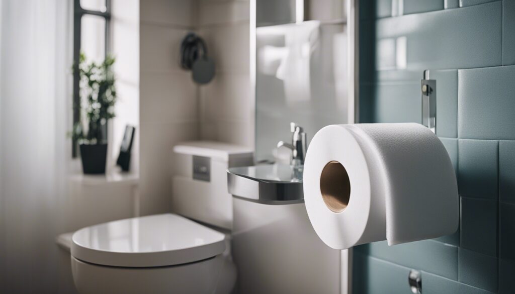 Small bathroom with over the toilet toilet roll holder.