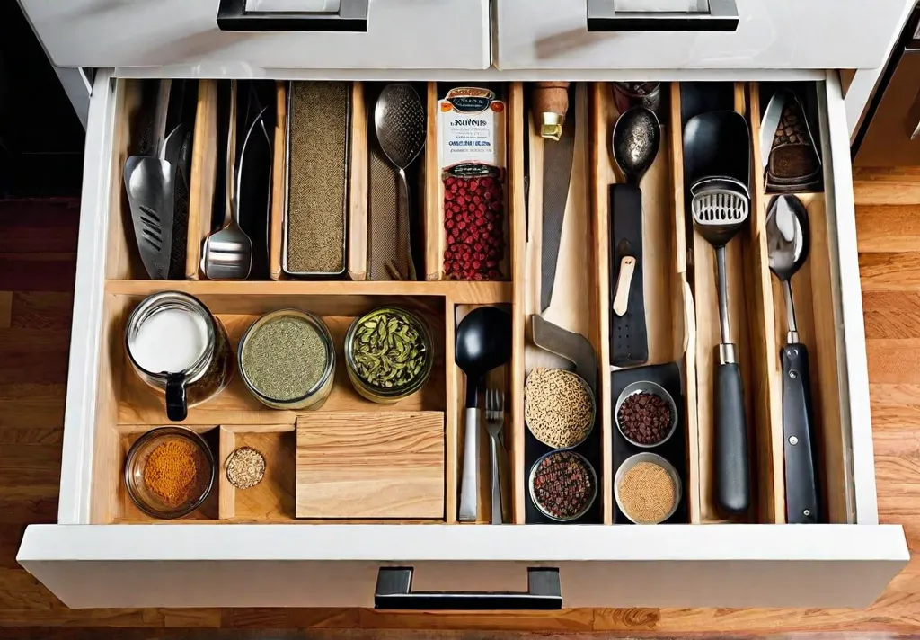 A before and after photo of a kitchen drawer