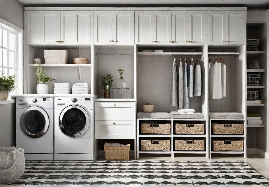 A bright and airy laundry room with white cabinets 3