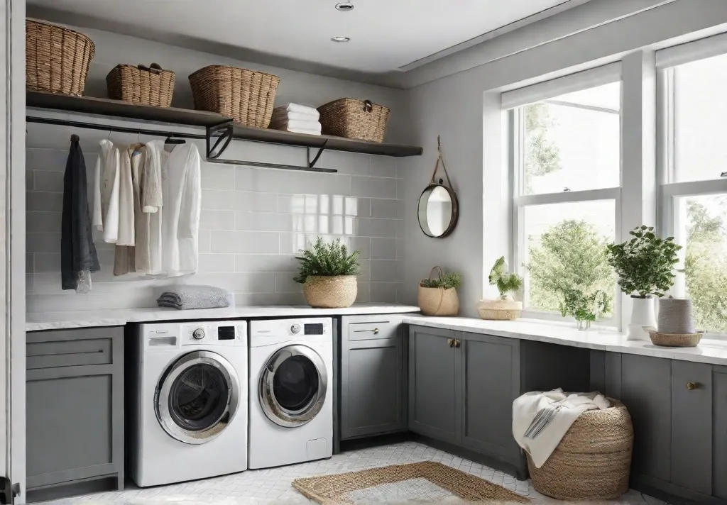 A bright and airy small laundry room with white walls