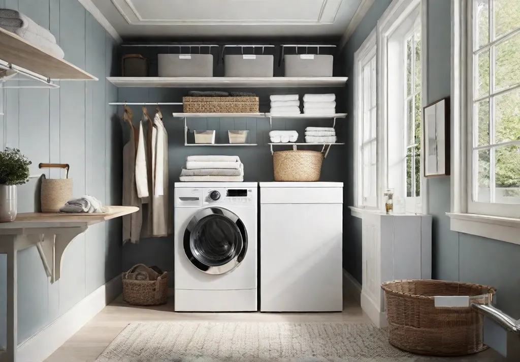 A bright and organized tiny laundry room with a wall mounted folding table