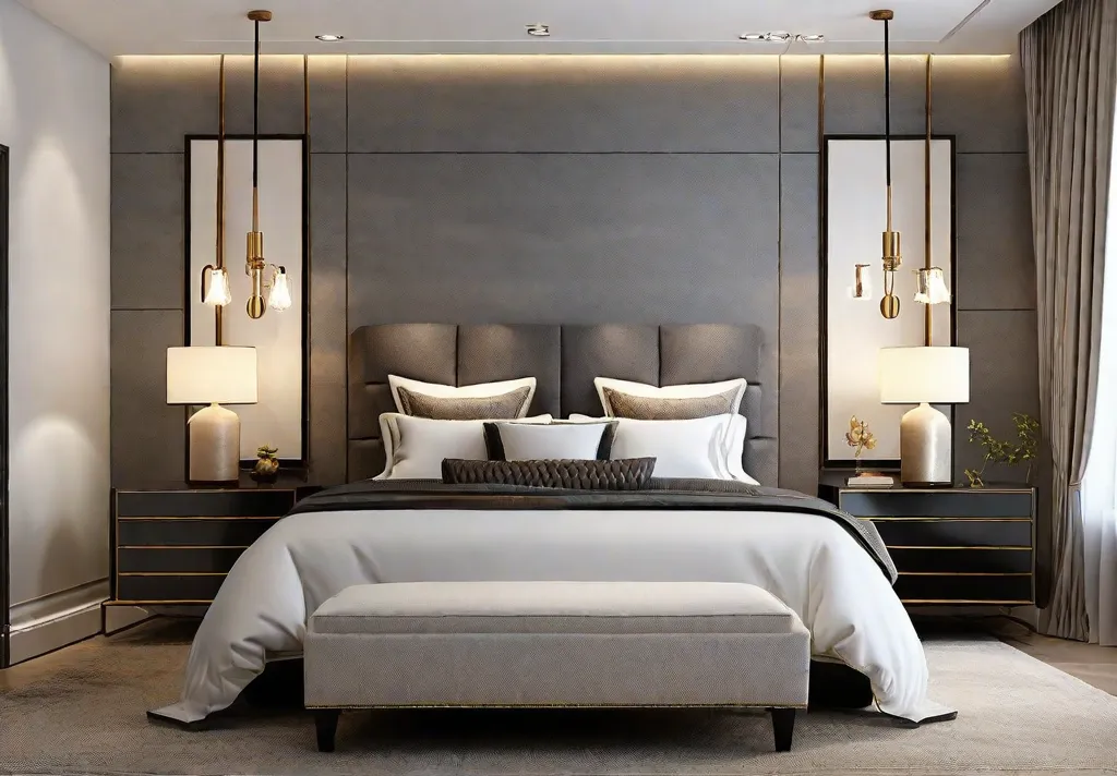 A cozy corner of a master bedroom illuminated by stylish wall sconces