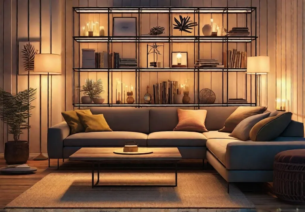 A cozy evening setting in a living room where the glow of