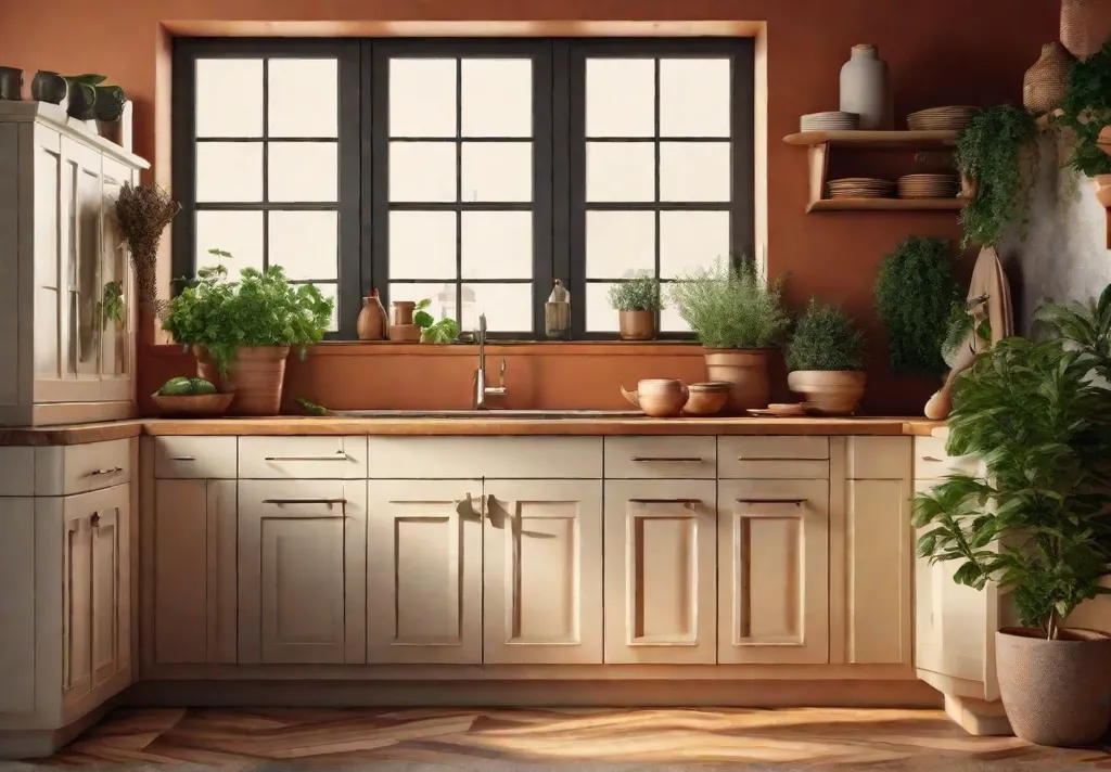 A cozy kitchen scene where terracotta walls warmly complement cream colored cabinets