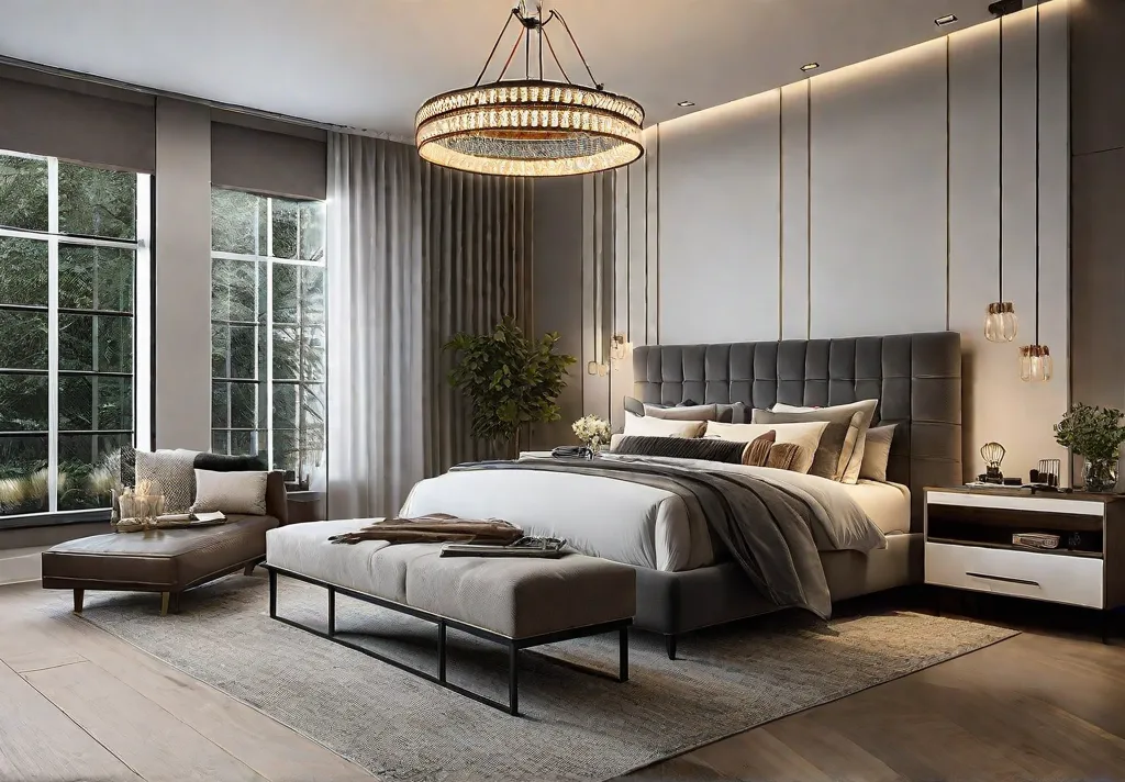 A cozy master bedroom showcasing layered lighting a modern chandelier providing ambient