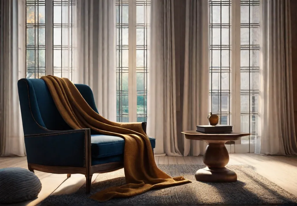 A cozy nook with an inviting armchair a soft throw blanket draped