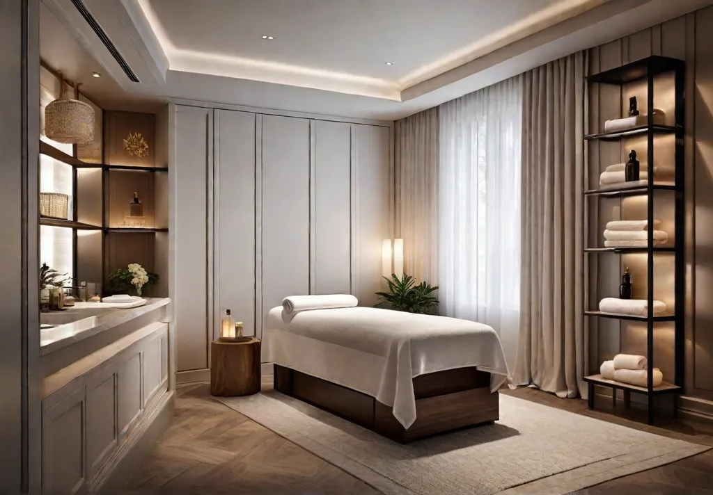 A designated personal spa area within the bedroom showing a massage table
