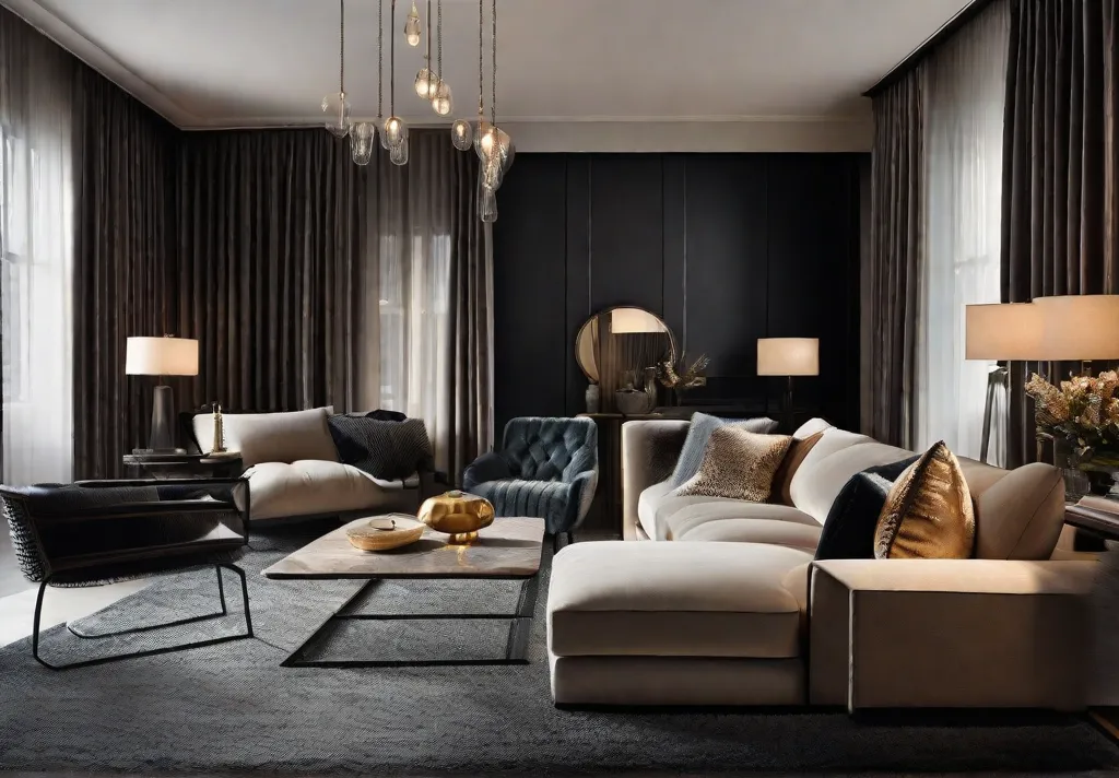 A detailed closeup of a living room showing a contrast of textures