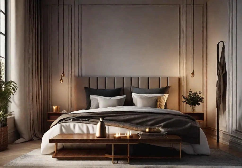 A dimly lit bedroom showcasing adjustable lighting with a pair of bedside