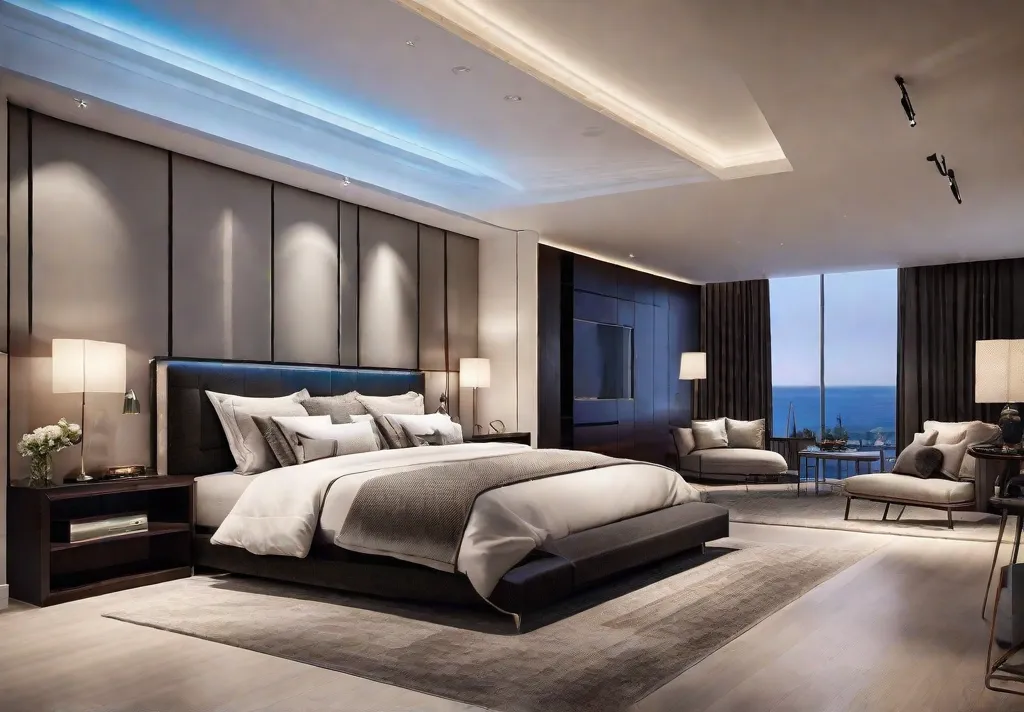A hightech master bedroom equipped with smart lighting solutions showcasing an appcontrolled