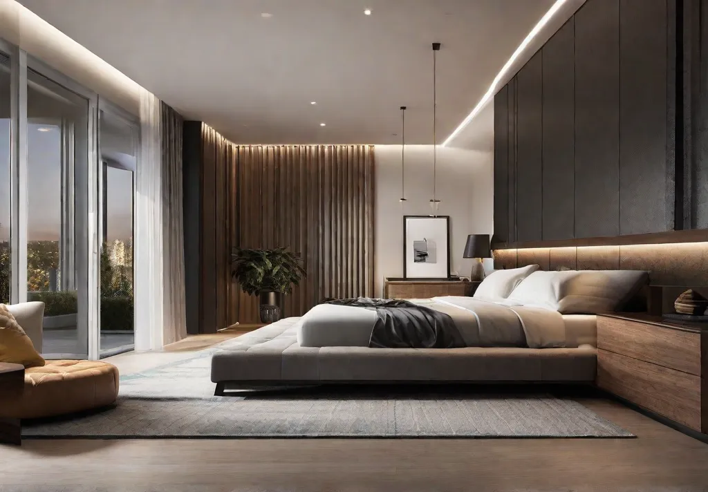 A master bedroom showcasing the strategic use of smart recessed lighting with
