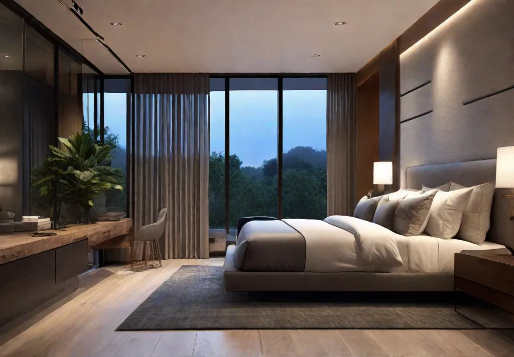 A master bedroom viewed at dusk showcasing the harmony of the soothing