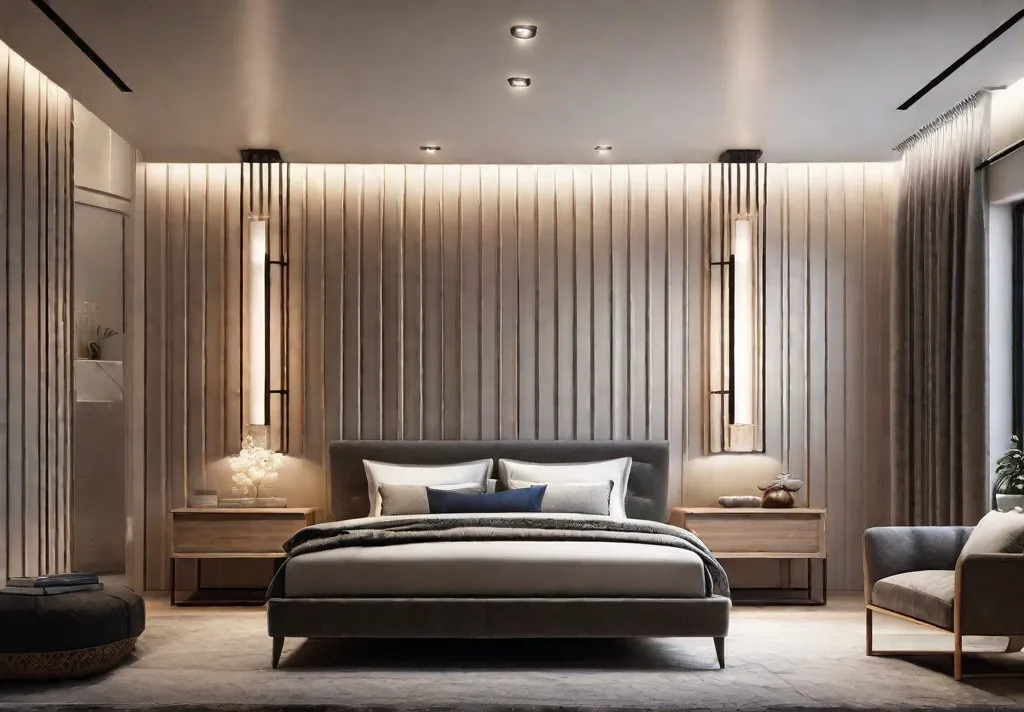 A master bedroom with ambient lighting tricks showcasing dimmable lights and creatively