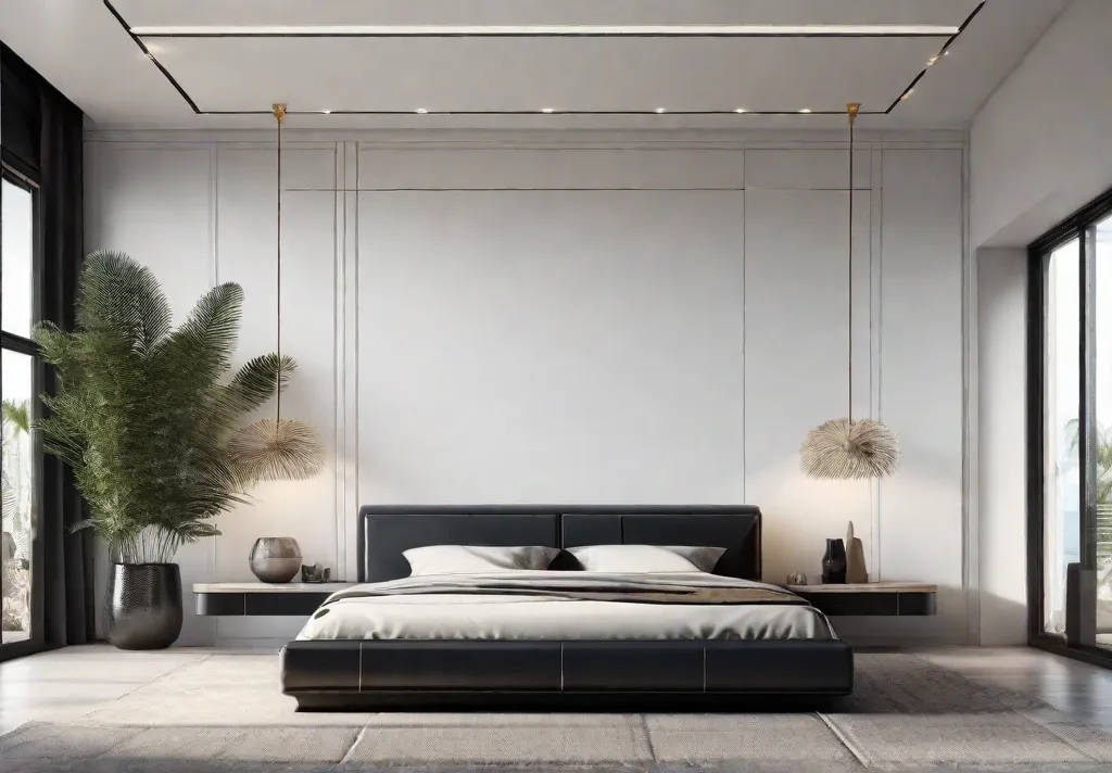 A minimalist bedroom setup with sleek furniture white walls and a single