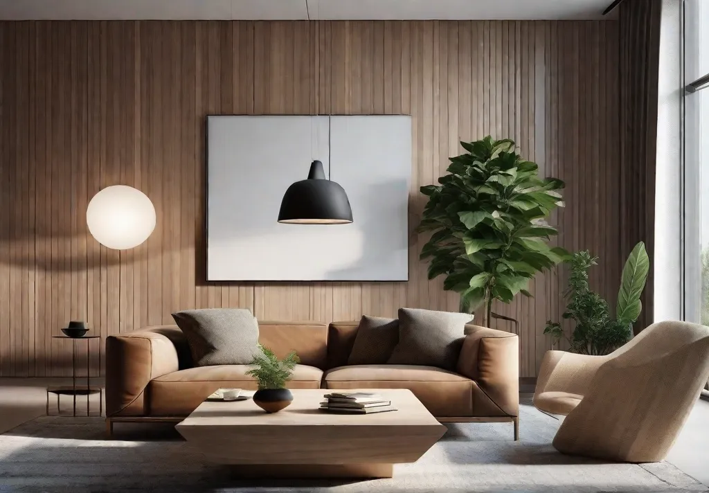 A minimalist living room focusing on simplicity and nature featuring sleek wooden