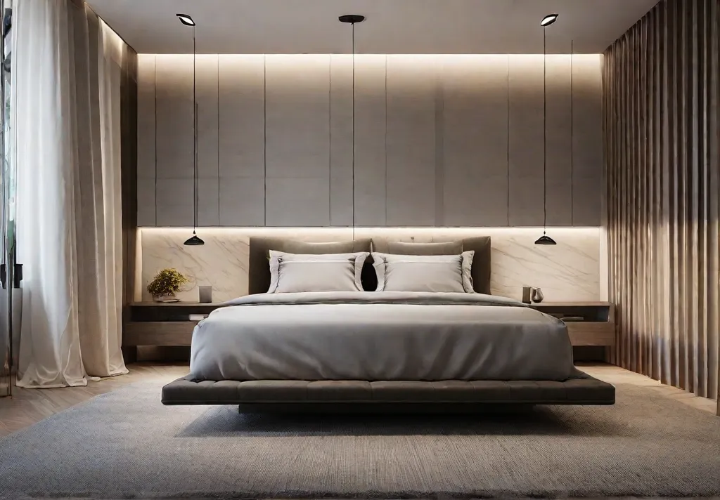 A minimalist master bedroom with sleek modern recessed lighting evenly spaced across