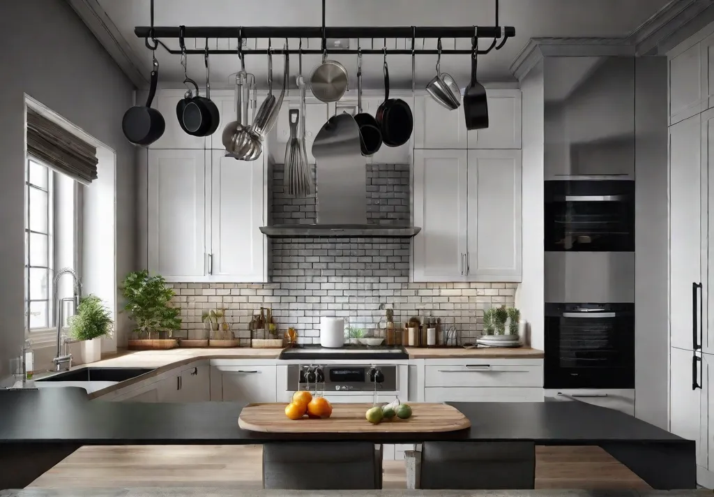 A modern kitchen with a sleek black ceiling mounted rack