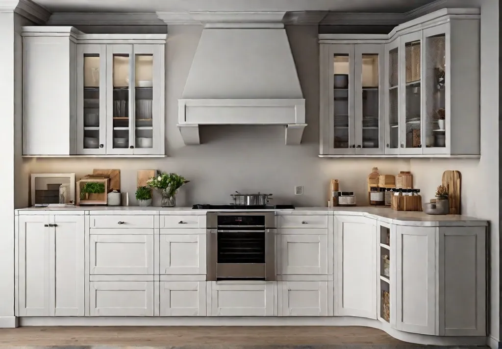 A modern kitchen with white cabinets and a corner cabinet featuring a lazy Susan and corner drawers
