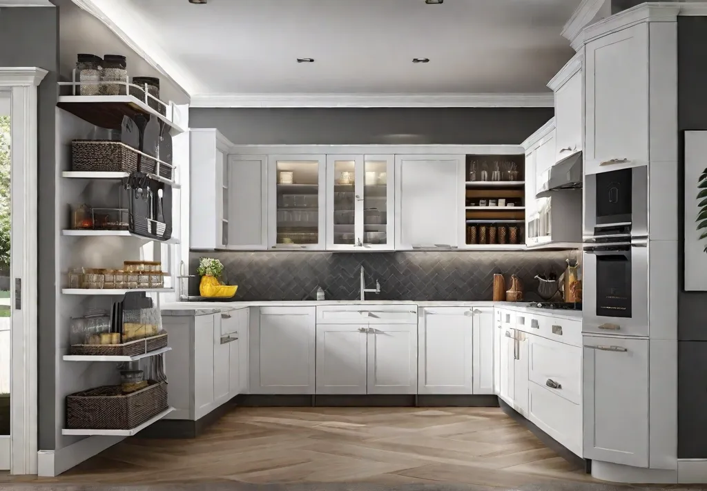 A modern kitchen with white cabinets and a gray backsplash