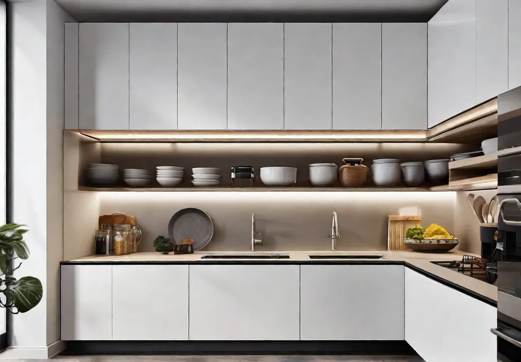 A modern kitchen with white cabinets and pull out cabinets in the pantry