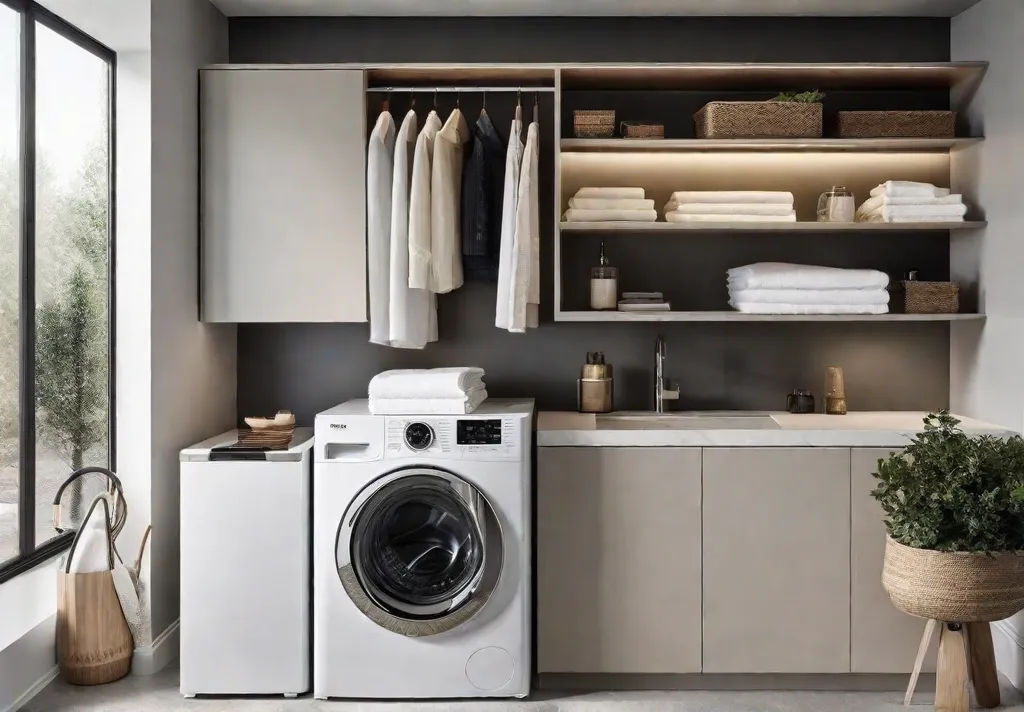 A modern laundry room featuring a compact washer and dryer tucked neatly into a corner