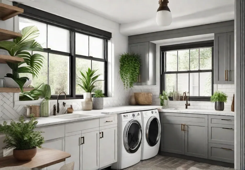 A modern laundry room with a touch of greenery
