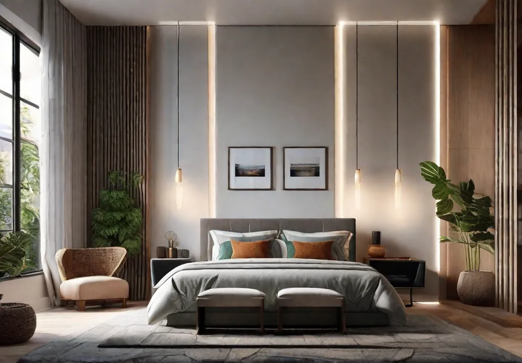 A serene bedroom setting utilizing smart lighting solutions to create mood settings