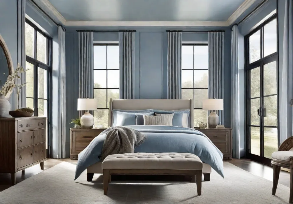 A serene master bedroom painted in soft blue featuring a bed with