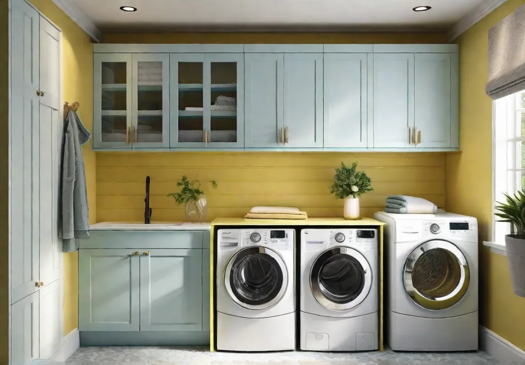 A small laundry room painted in a light and airy color scheme 1