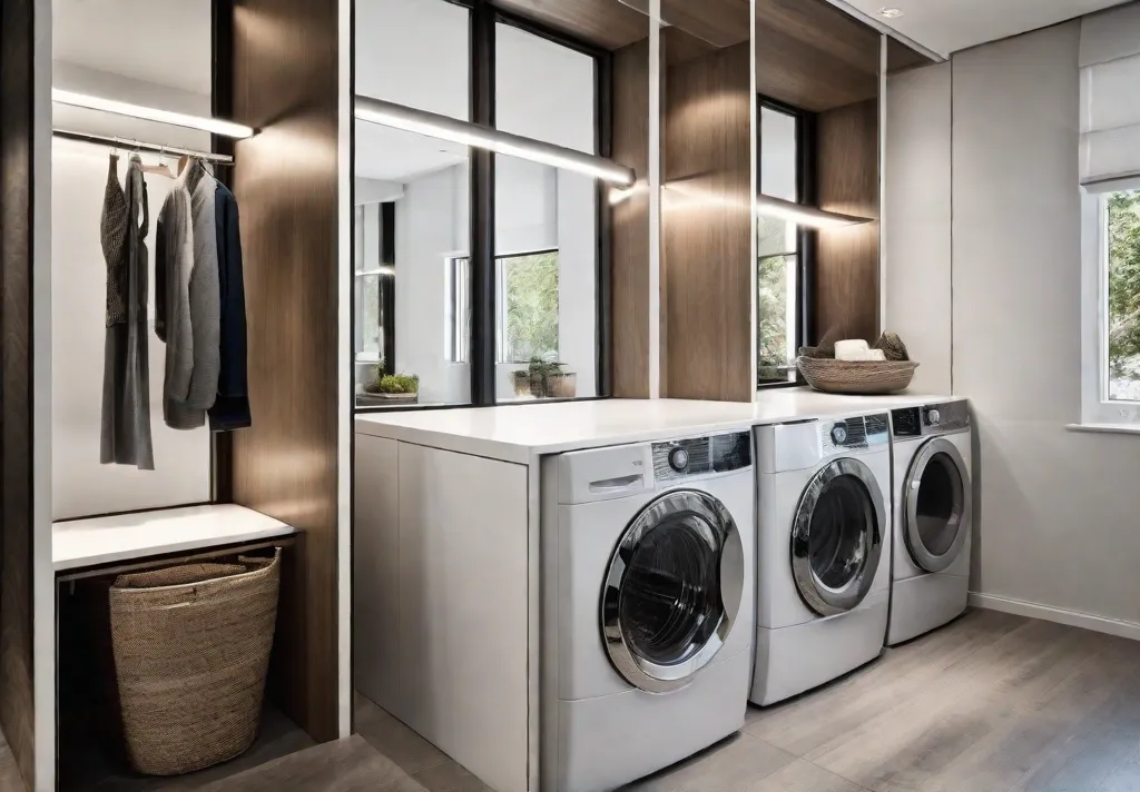 A small laundry room with a large mirror on one wall