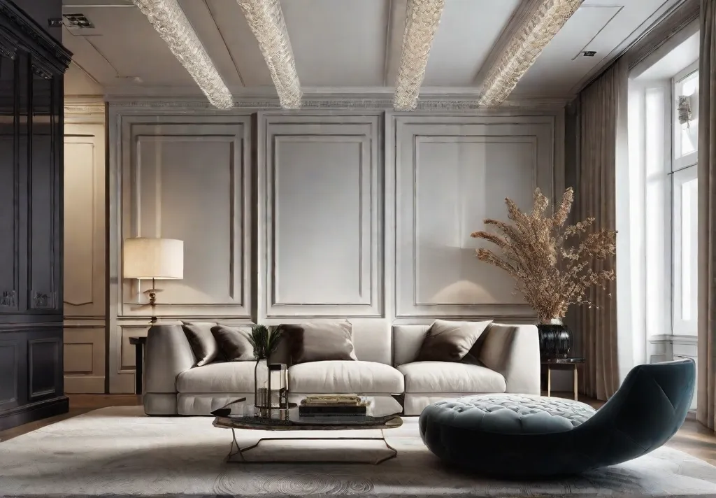 A small yet visually spacious living room with reflective surfaces including a