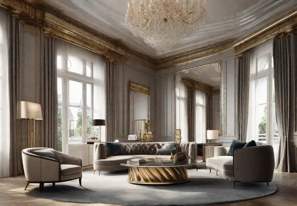 A sophisticated living area where a large ornate mirror is strategically placed