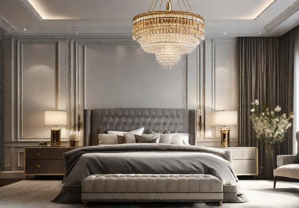 A sophisticated master bedroom with a large luxurious chandelier demonstrating the importance