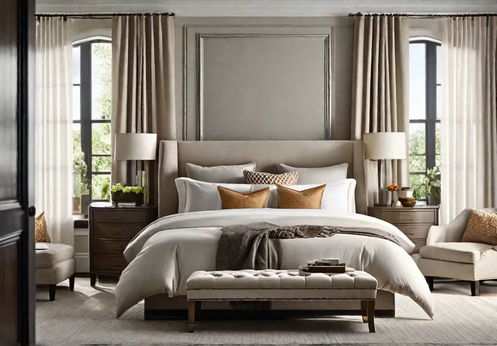 A sunny master bedroom emphasizing natural lighting with sheer curtains gently diffusing