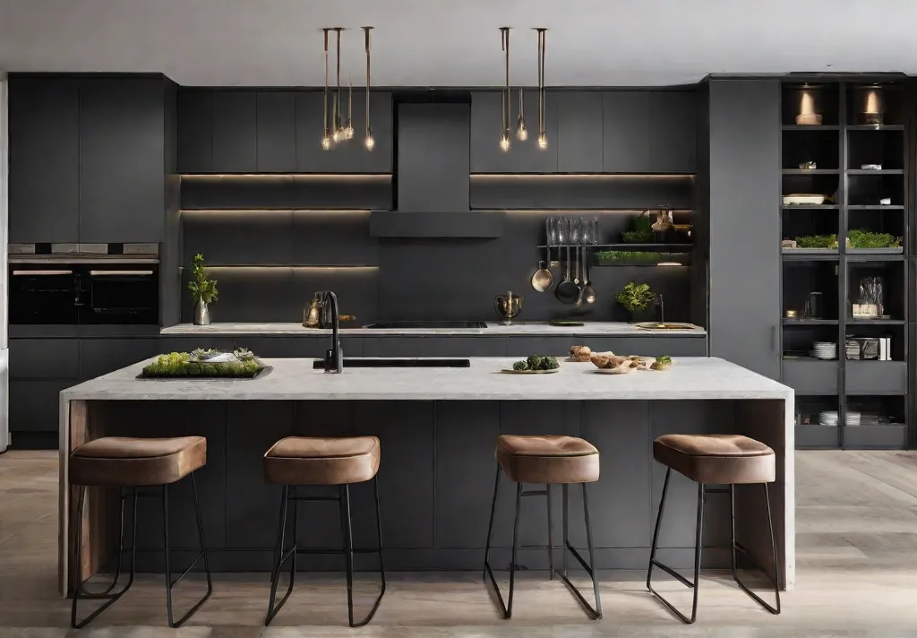 An elegant kitchen featuring walls painted in a matte charcoal gray
