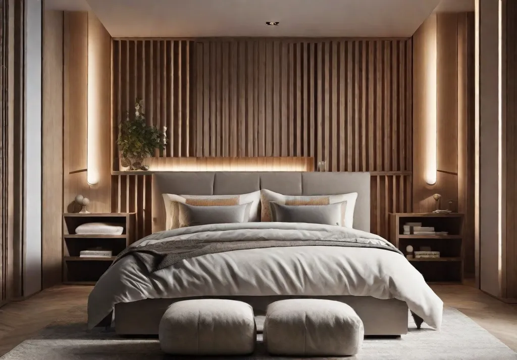 An overhead shot of a bed surrounded by minimalistic decor emphasizing open