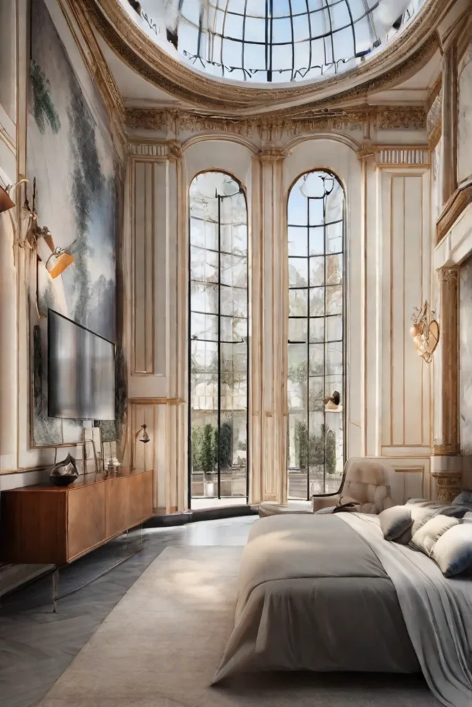 A bedroom showcasing a wall covered in whimsical watercolor patterns where muted