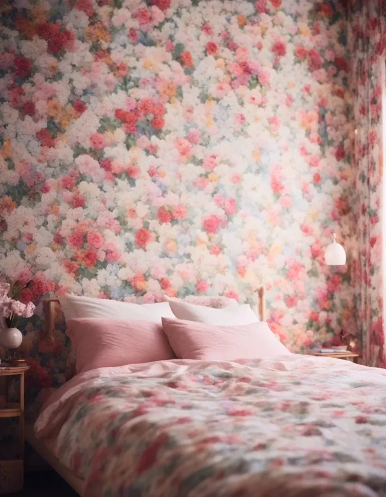 A bedroom with a wall covered in floral wallpaper where intricate flowers bloom in vibrant colors