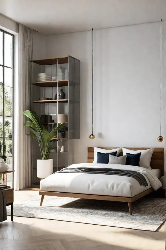 A bright spacious minimalist bedroom showcasing efficient vertical storage options