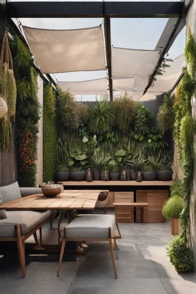 A brilliantly designed small patio space maximizing functionality with foldable furniture hanging