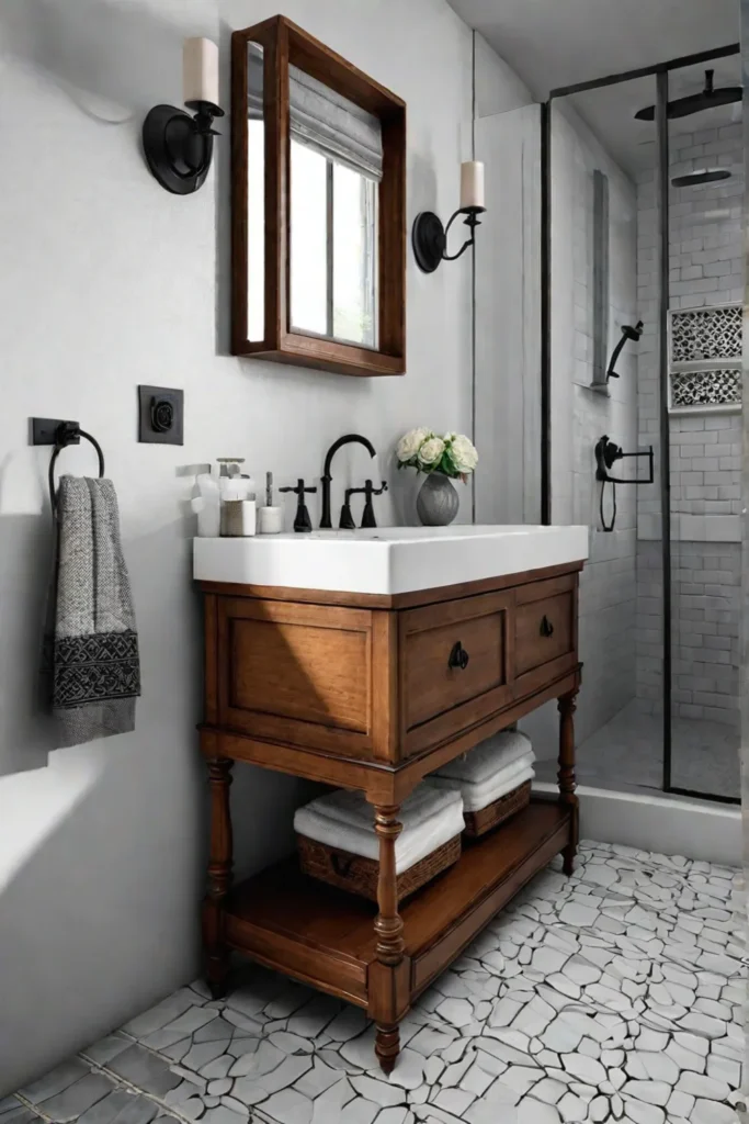 A budgetfriendly bathroom renovation with a new tile floor a repurposed dresserturnedvanity