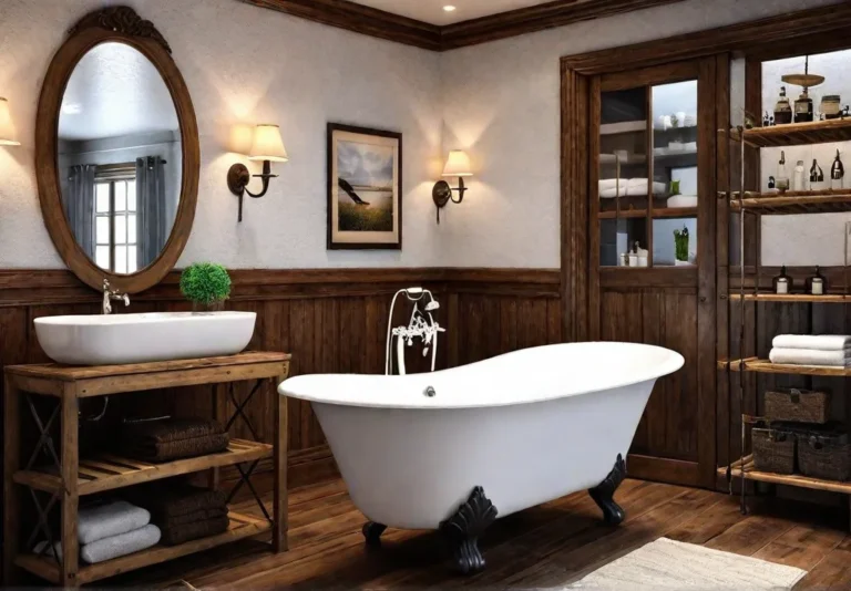 A cozy bathroom with a clawfoot tub rustic wooden shelves and afeat