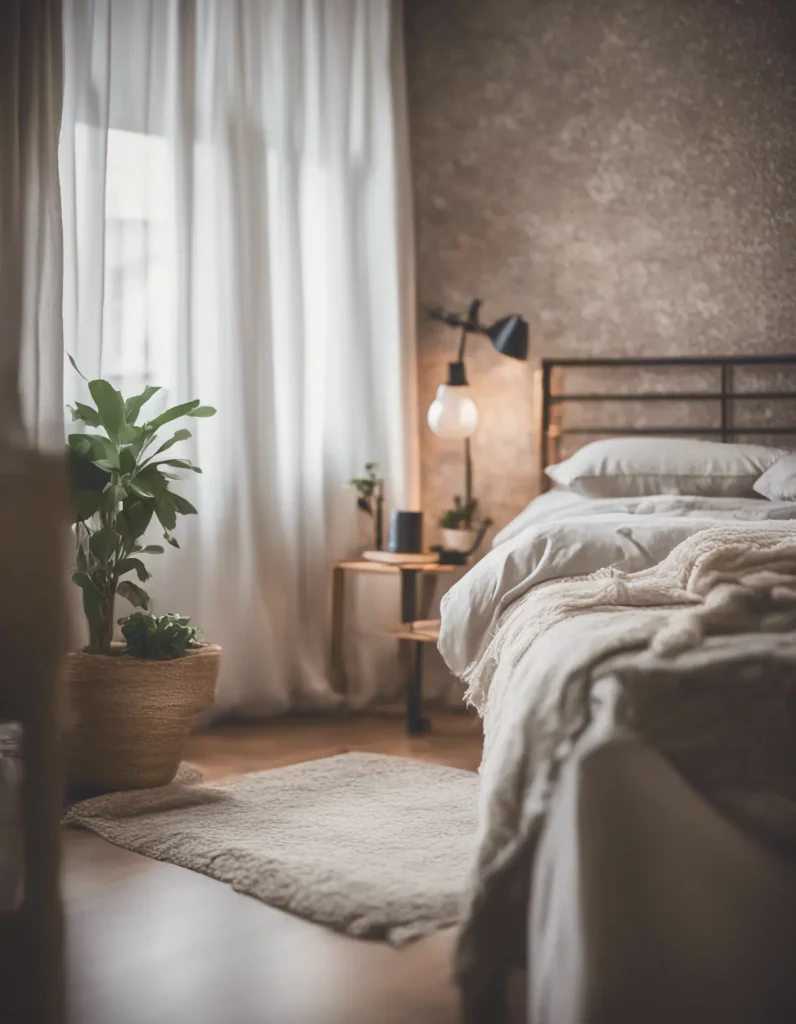 A cozy bedroom corner showcasing textured wallpaper
